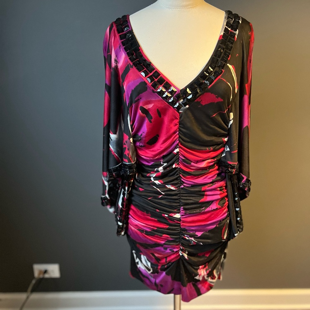 Bebe multicolor Dress with Black Beads on Neckline and both Sleeves size S